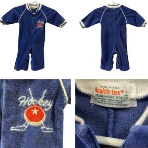 Vintage HealthTex Velour Hockey Blue and Red Baby Romper Infants 3 Months